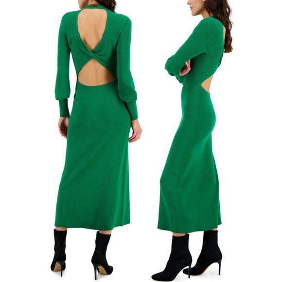 🔥HUGO Green Mock-Neck Cutout Slim Sweater Dress - Picture 3 of 6